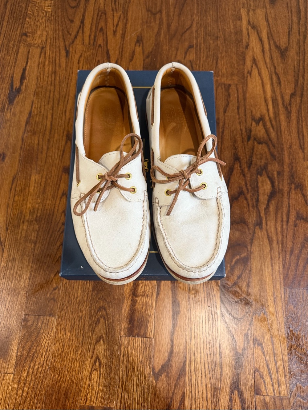 Sperry Cream Leather Boat Shoes with Brown Laces